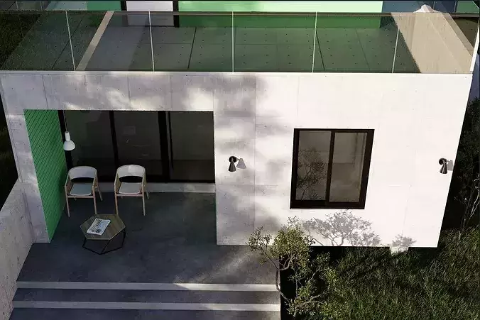 Modern 2-Story Green House with Terrace Design 3D model 5