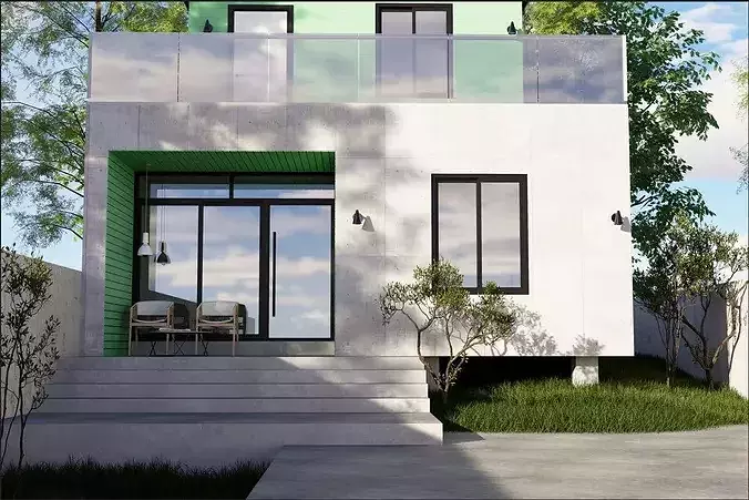 Modern 2-Story Green House with Terrace Design 3D model 2