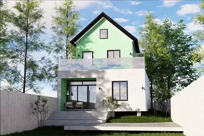 Modern 2-Story Green House with Terrace Design 3D model