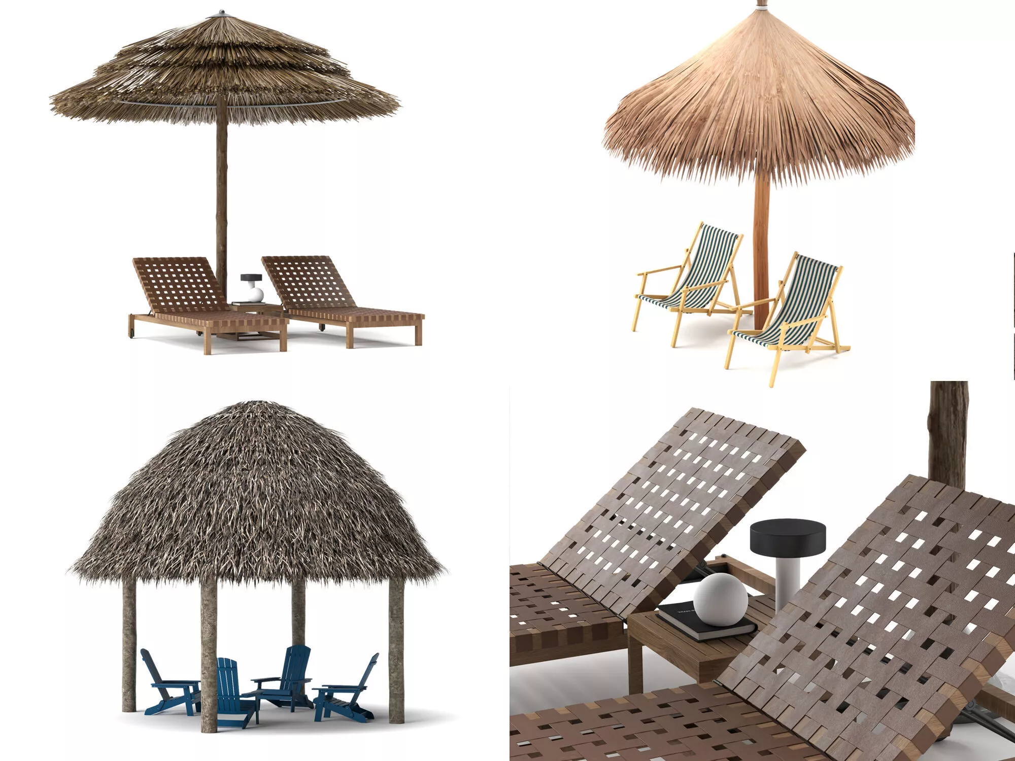 Thatch Umbrellas Beach Chairs and Beach Cabanas Low-poly 3D model