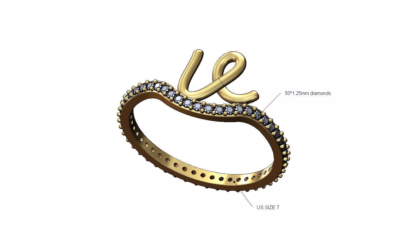 V letter initial 3d lowercase wire diamond eternity ring 3D print model