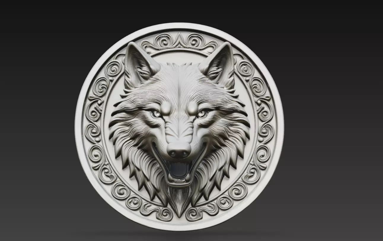 Aggressive Wolf Face Round Relief Coin STL Sculpture 3D print model