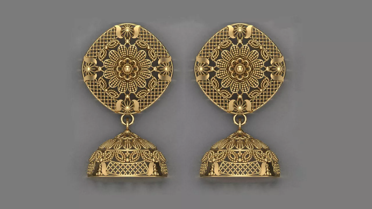 22K Gold Traditional Jhumka Earrings 3D Model High Poly 3DM 3D print model