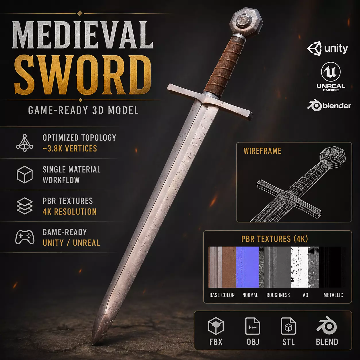 Medieval Sword 3D Model Low-poly 3D model
