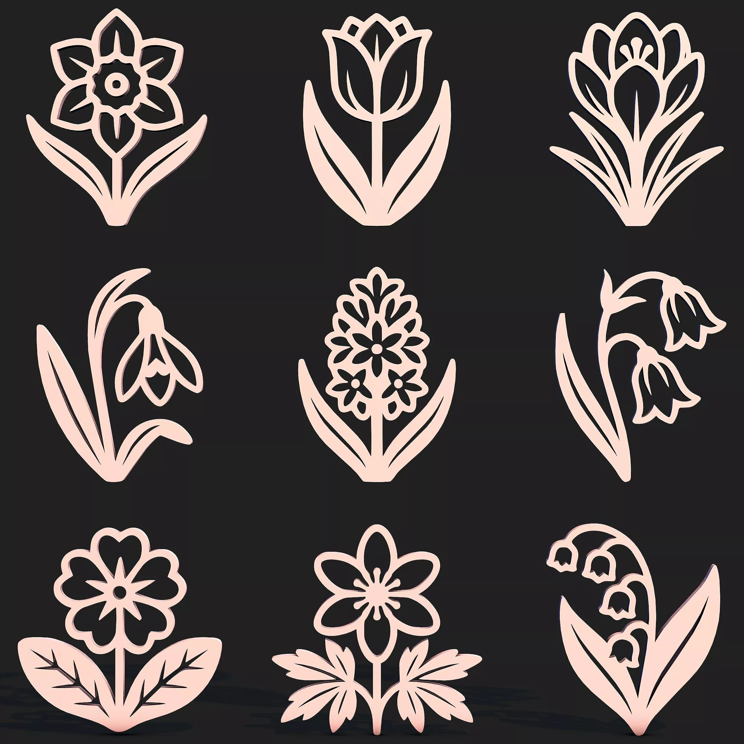 Spring Flower Vector Pack 9 Floral CNC Designs Laser Cut 3D print model