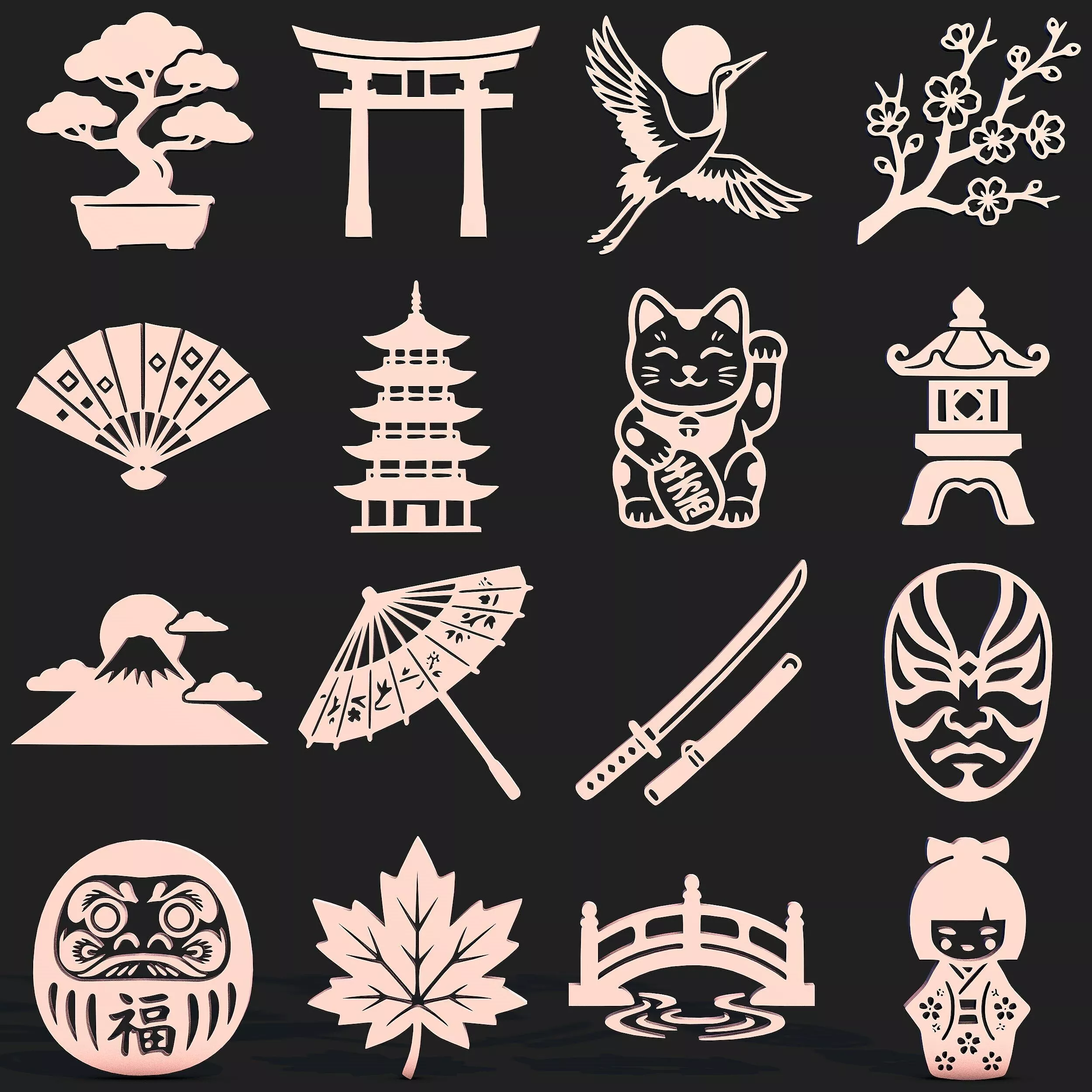 Japanese Decor Symbols Bundle 16 Traditional STL Designs 3D print model