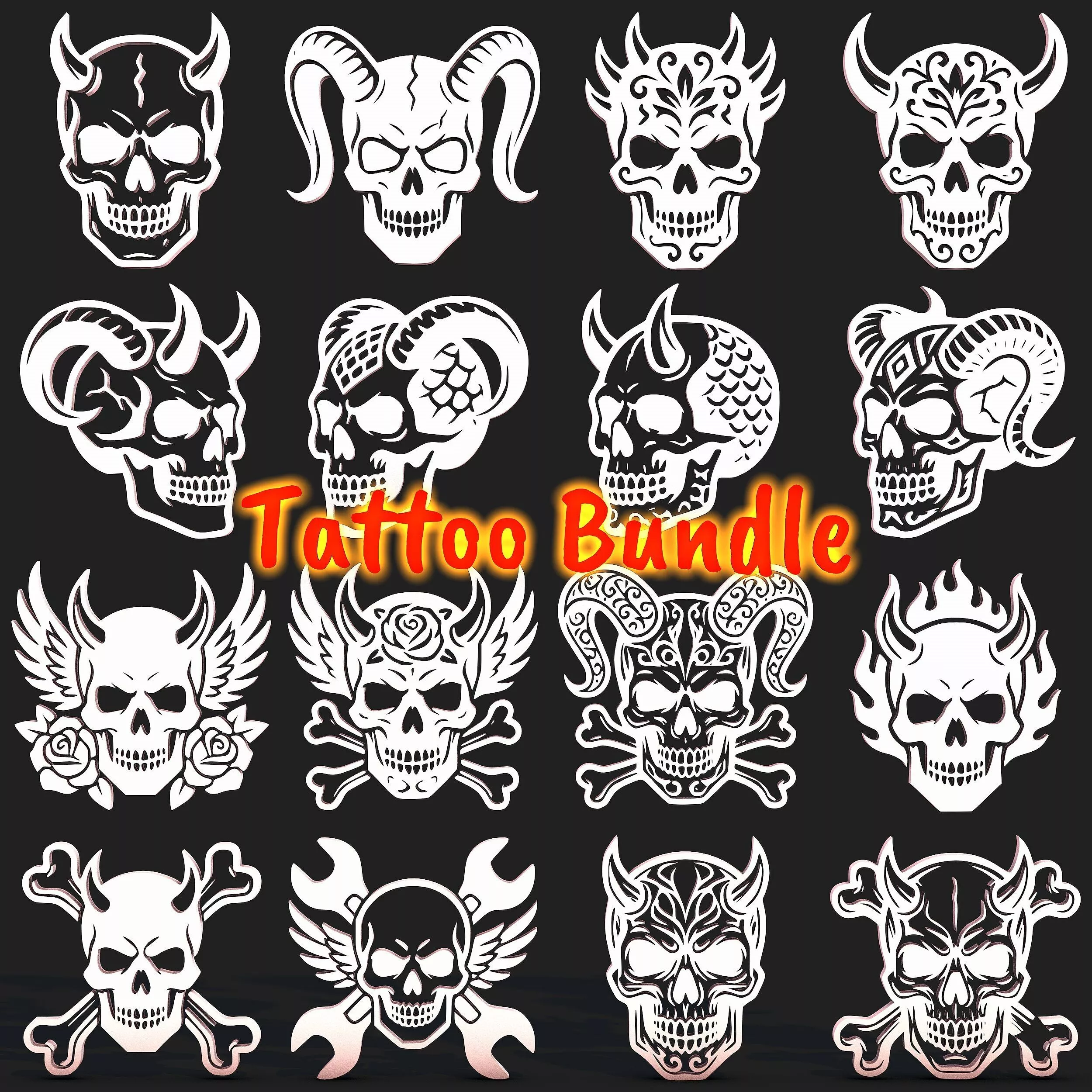 Demon Skull Tattoo Bundle 16 Gothic Skull STL Designs 3D print model