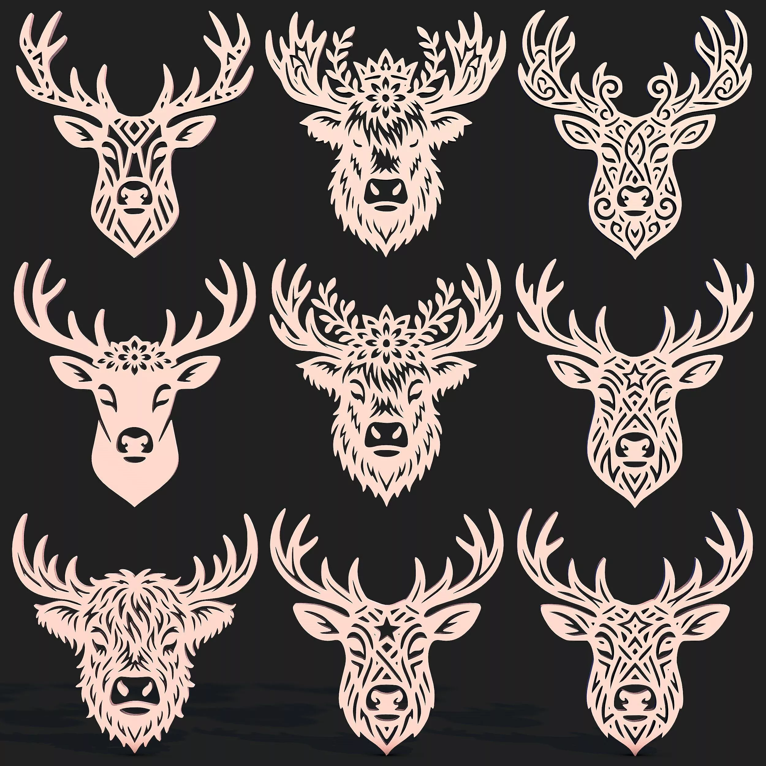 Decorative Deer Head SVG Bundle 9 Antler Designs 3D print model