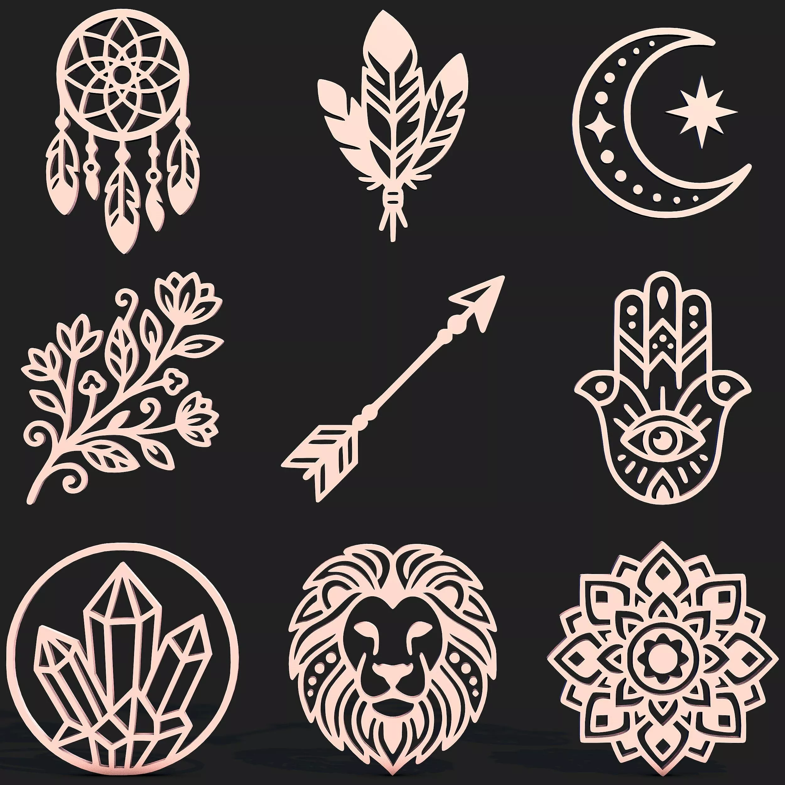 Boho Elements Vector Pack 9 Decorative Symbols Laser Cut CNC 3D print model