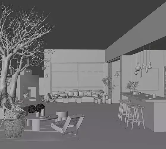 Mediterranean Minimalist Outdoor Courtyard Leisure Villa Space  3D model 6