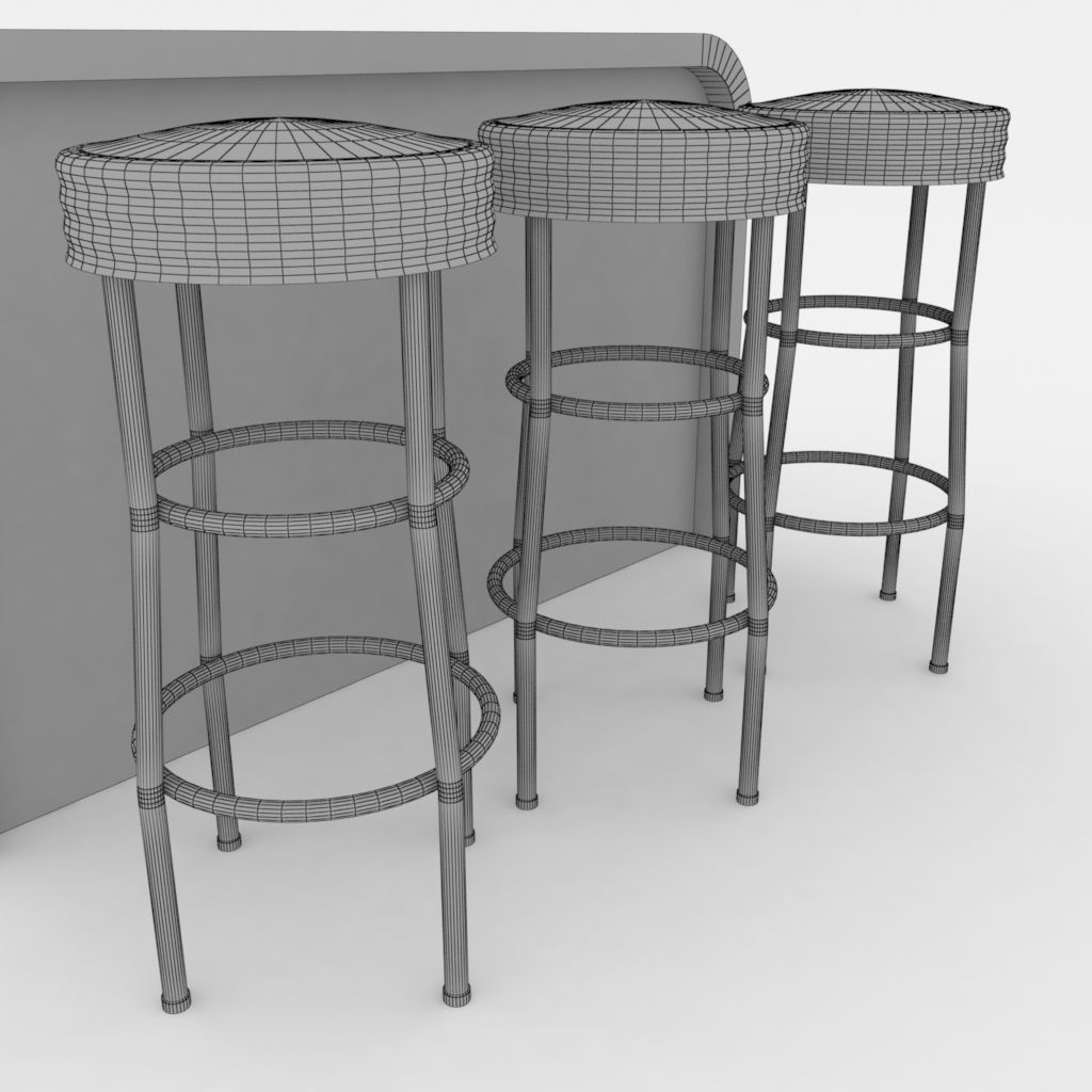 Round barstools with curved shop or kitchen counter 3D model_6