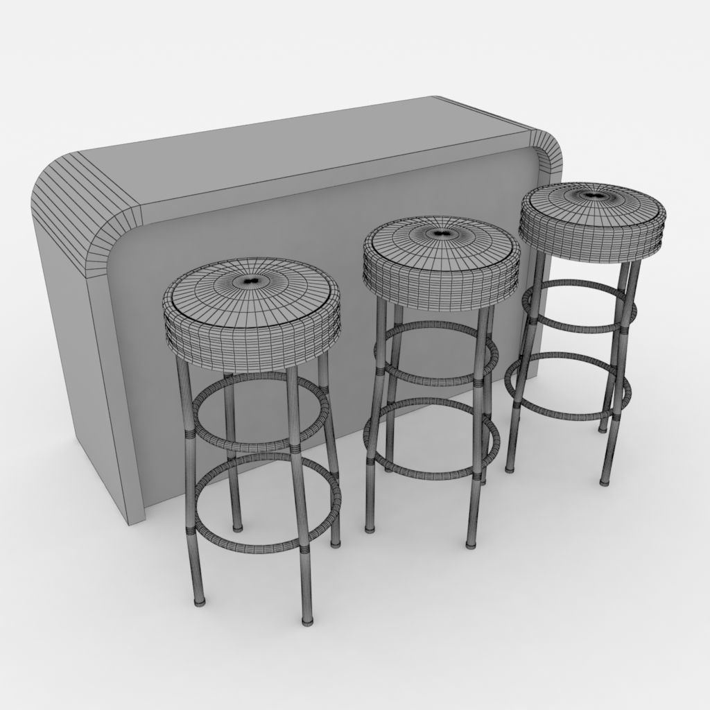 Round barstools with curved shop or kitchen counter 3D model_2