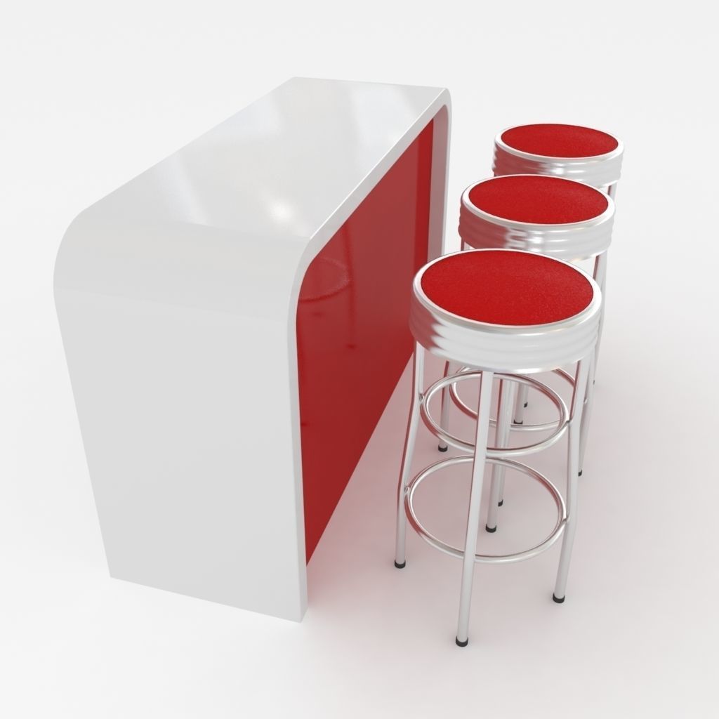 Round barstools with curved shop or kitchen counter 3D model_1