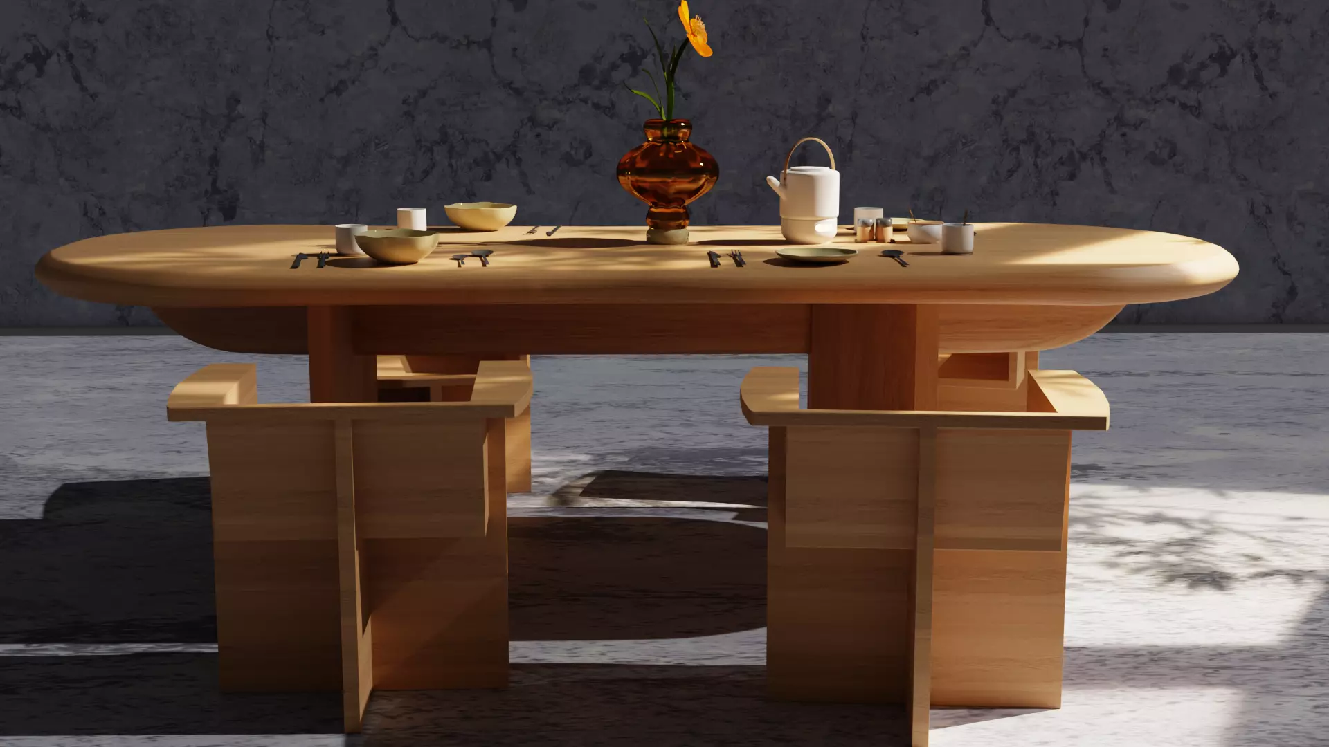 Modern Wooden Dining Table Set Low-poly 3D model