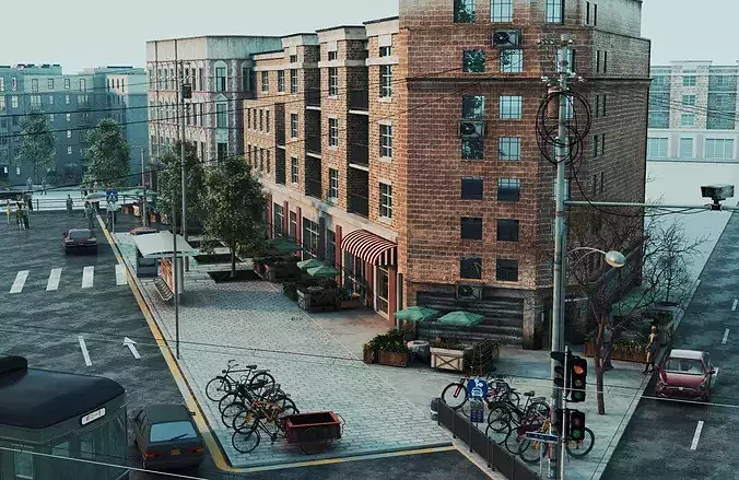 Charming streetscapes trams  and brick buildings Low-poly 3D model 4
