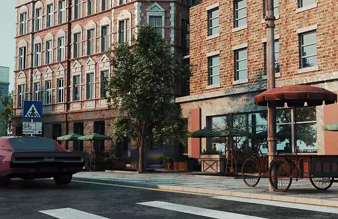 Charming streetscapes trams  and brick buildings Low-poly 3D model 7