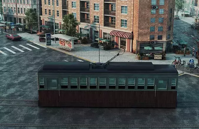 Charming streetscapes trams  and brick buildings Low-poly 3D model 3