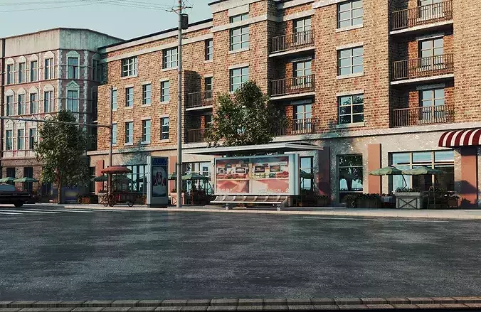 Charming streetscapes trams  and brick buildings Low-poly 3D model 5