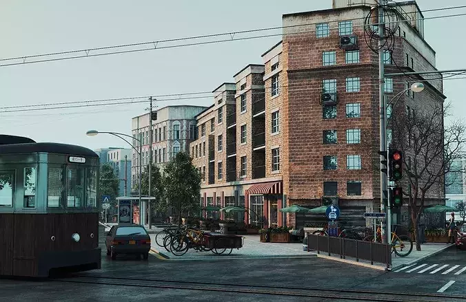 Charming streetscapes trams  and brick buildings Low-poly 3D model