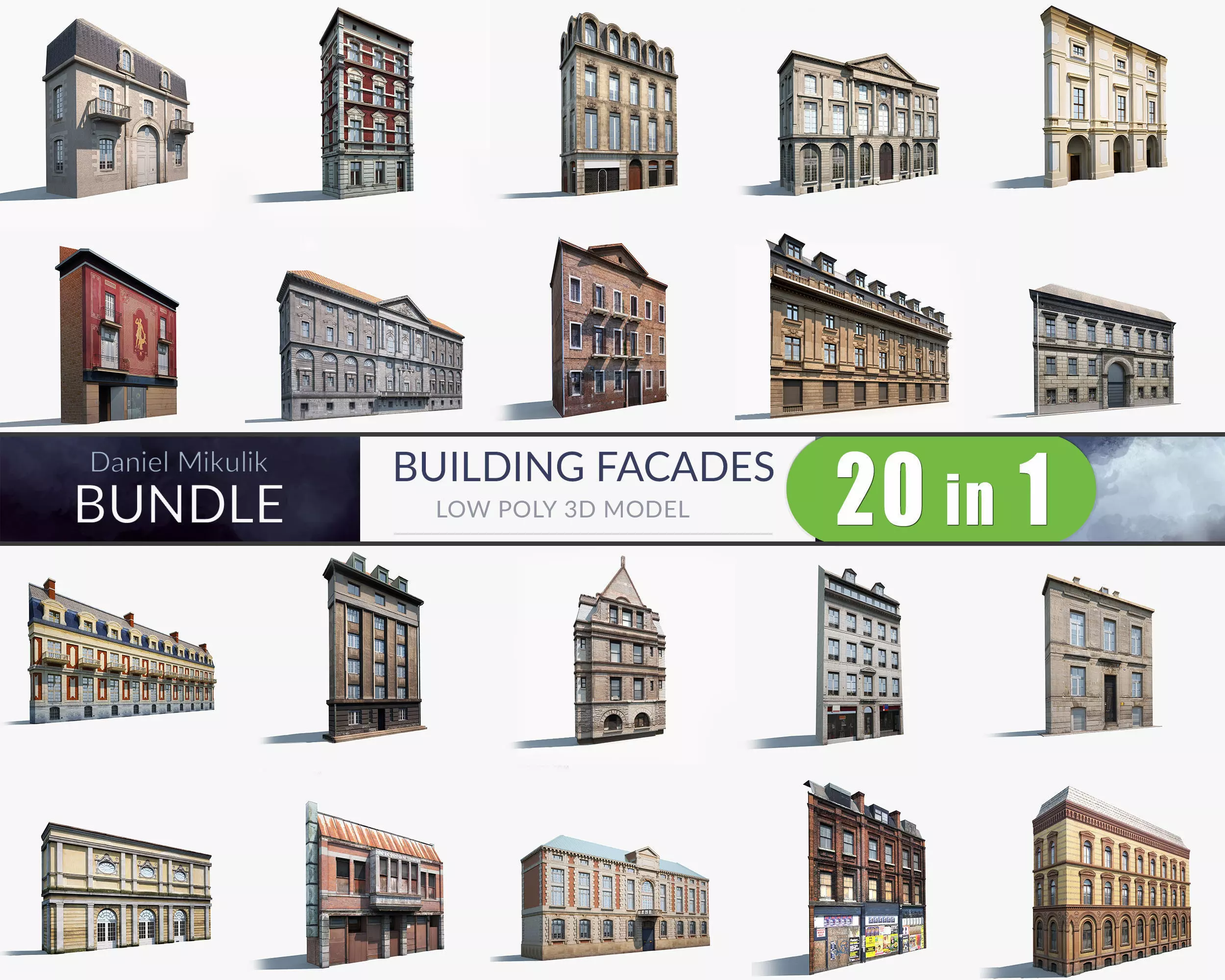 Building Facades BUNDLE Low-poly 3D model_0