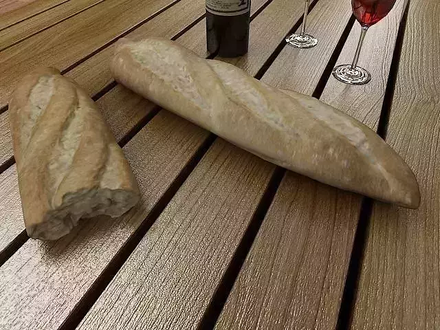 Low poly - Bread and wine on wooden table