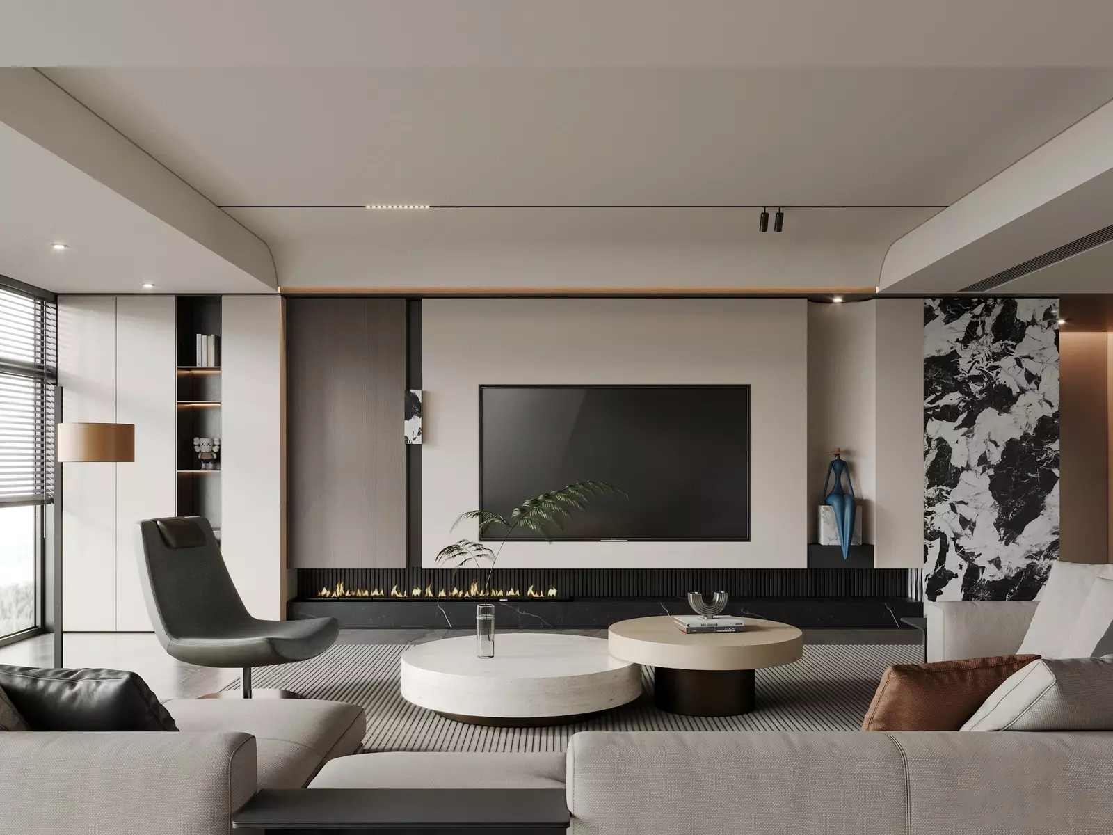 Minimalist Luxury Living Room with Fireplace TV Wall 3D Model 3D model