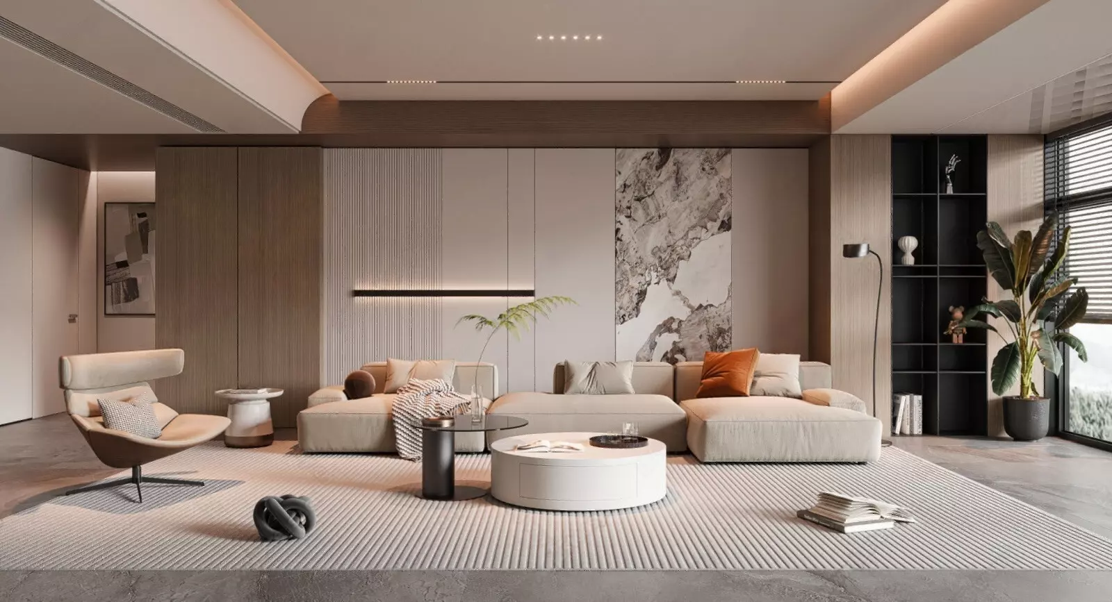 Warm Tone Wood Grille Minimalist Luxury Living Room 3D Model 3D model