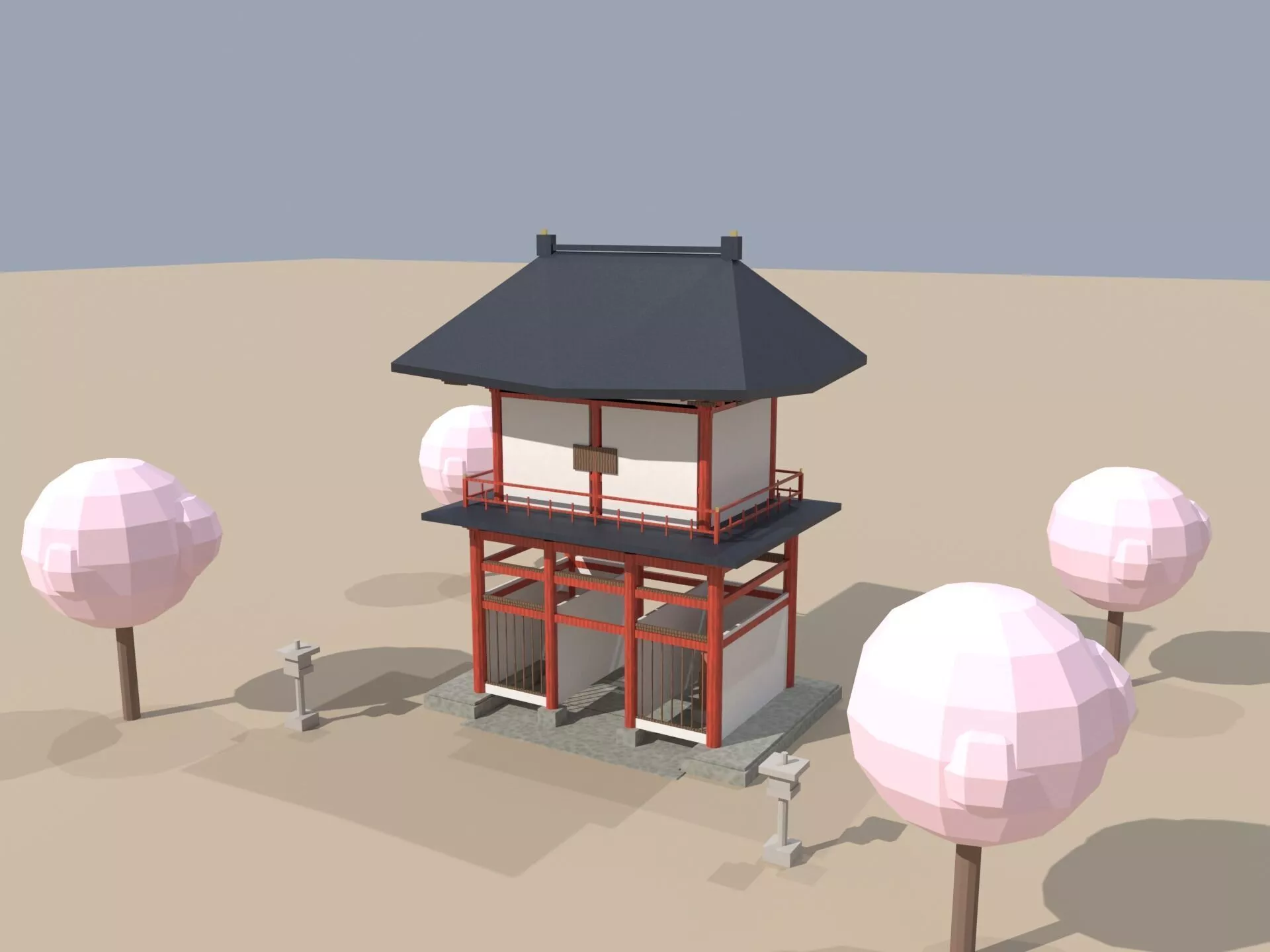Japanese Romon Two-Story Temple Gate 3D Model Low Poly Low-poly 3D model