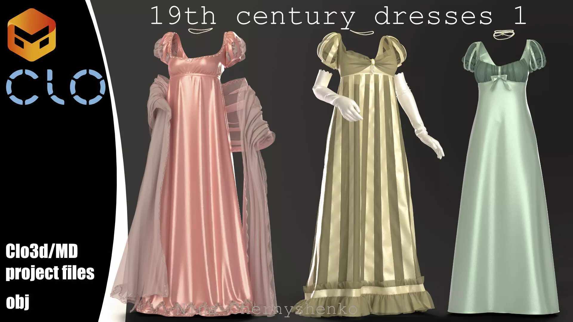 19th century dresses 1 - Marvelous Designer project and OBJ 3D model