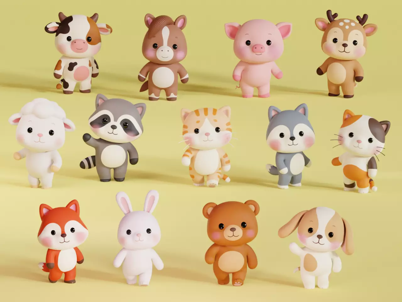 Farm Forest Animals Rigged Animated Cartoon Characters Kawaii Low-poly 3D model