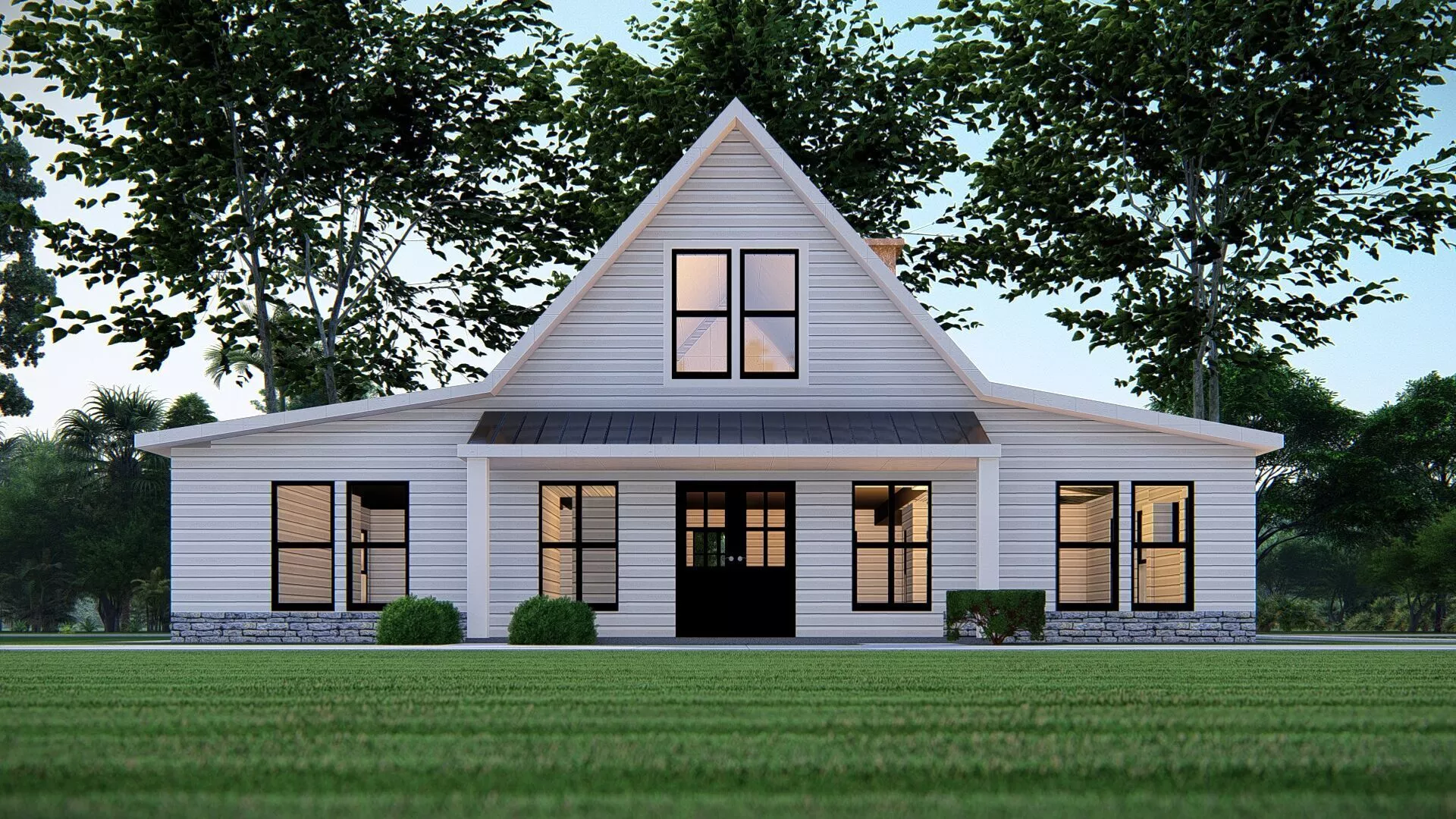 Modern Farmhouse Exterior with Symmetrical Design and Gable Roof 3D model