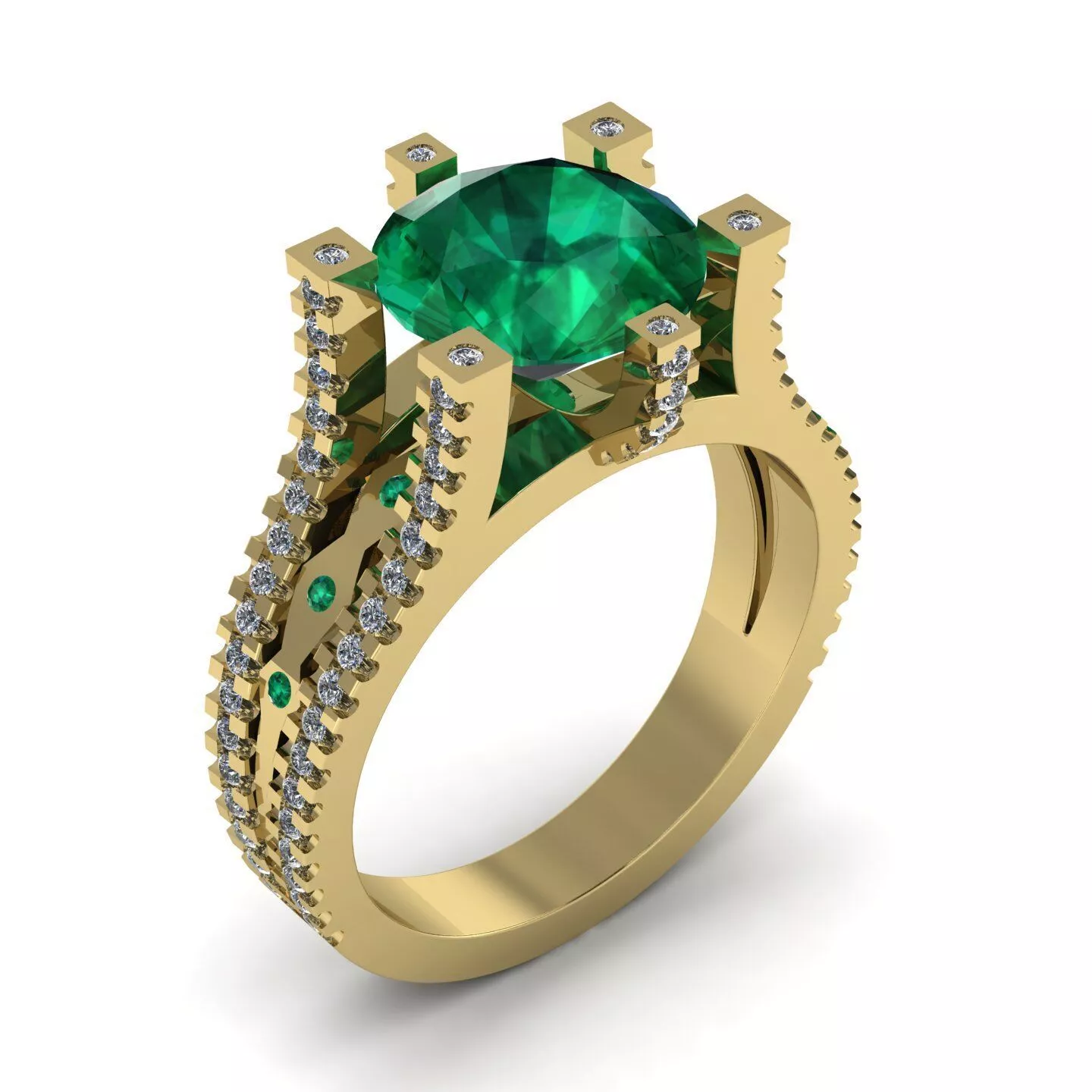 High Setting Luxury Emerald Ring 3D Model double band micro pave 3D print model