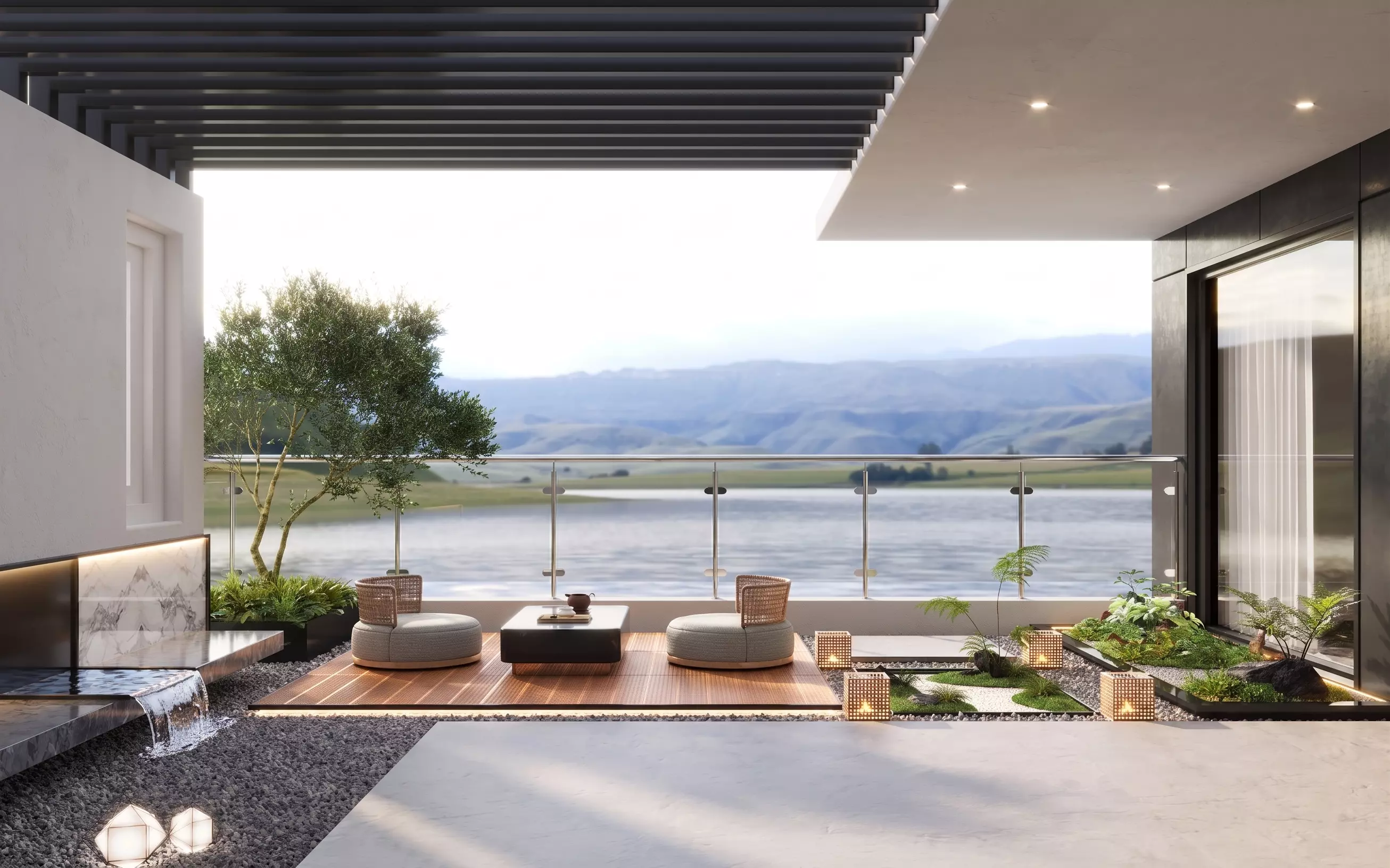 Modern Zen Japanese style lake view terrace tea courtyard 3D model