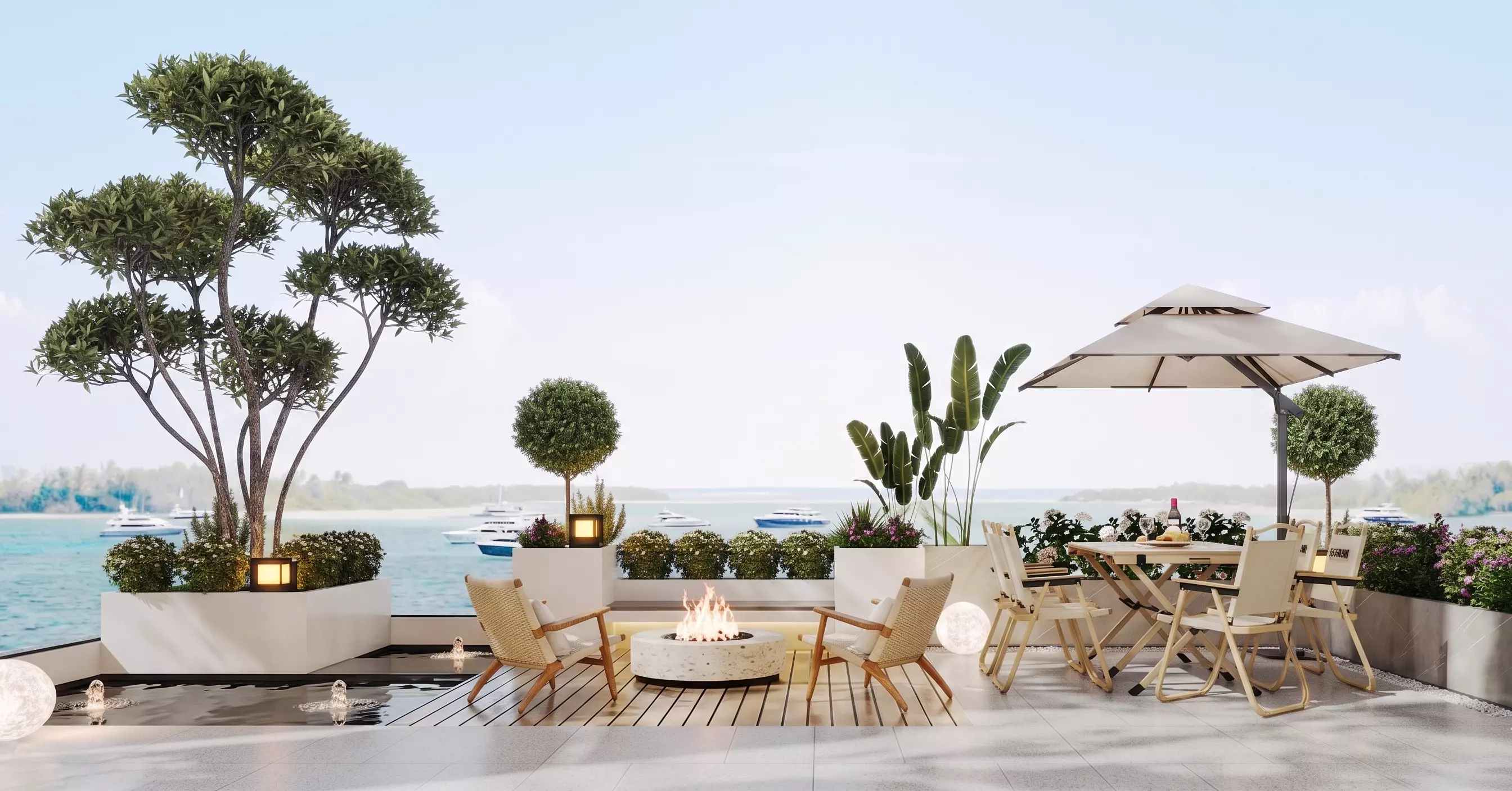 Luxury seaside resort terrace fire pit lounge outdoor 3D model