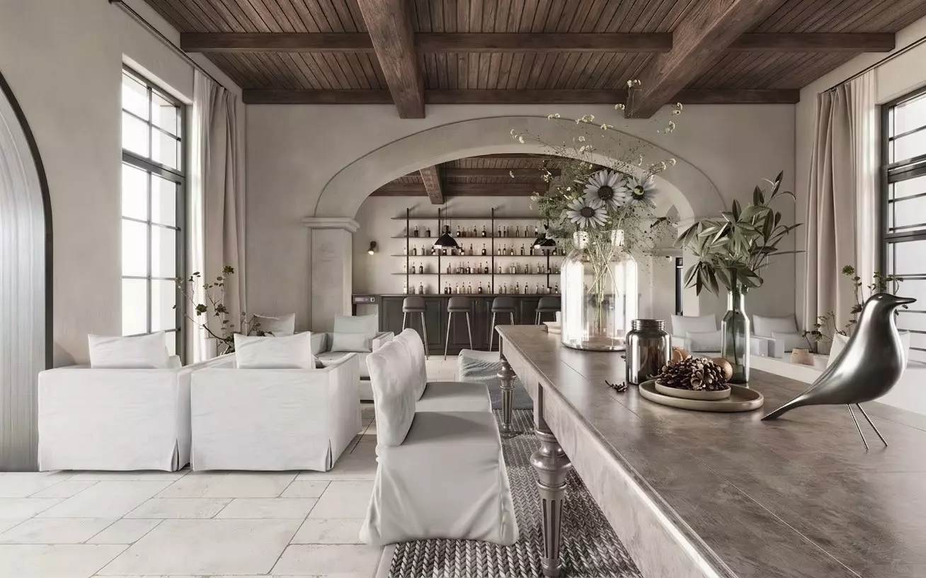 Mediterranean wabi sabi rustic luxury villa living 3D model