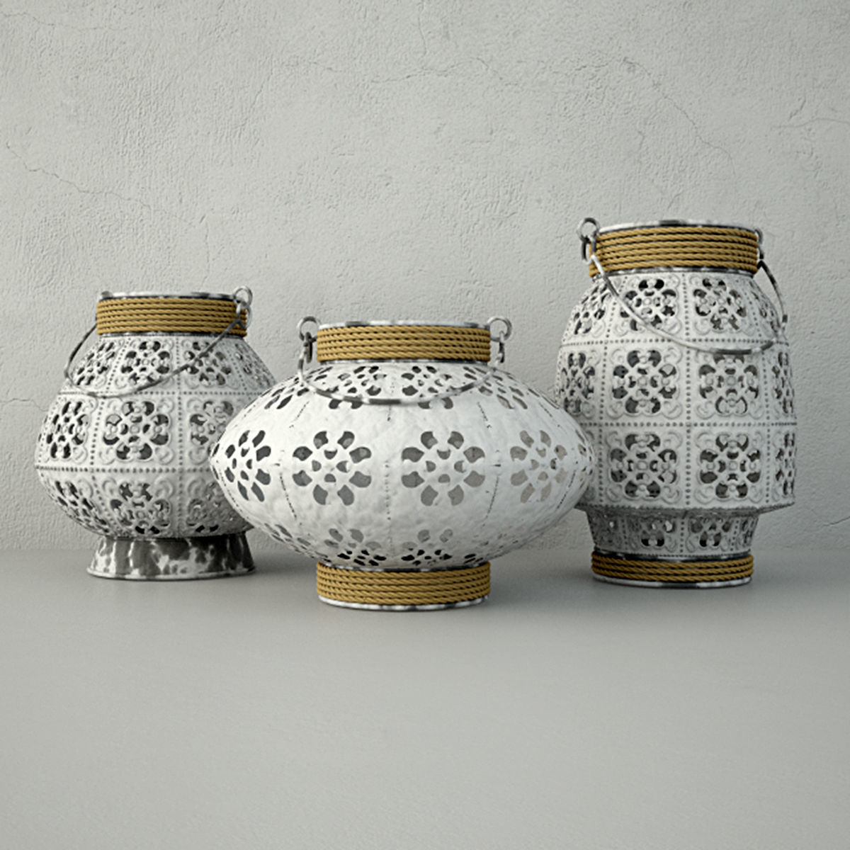 White Metal Lantern Set 3D model_1