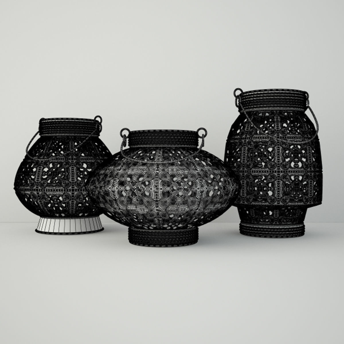 White Metal Lantern Set 3D model_2