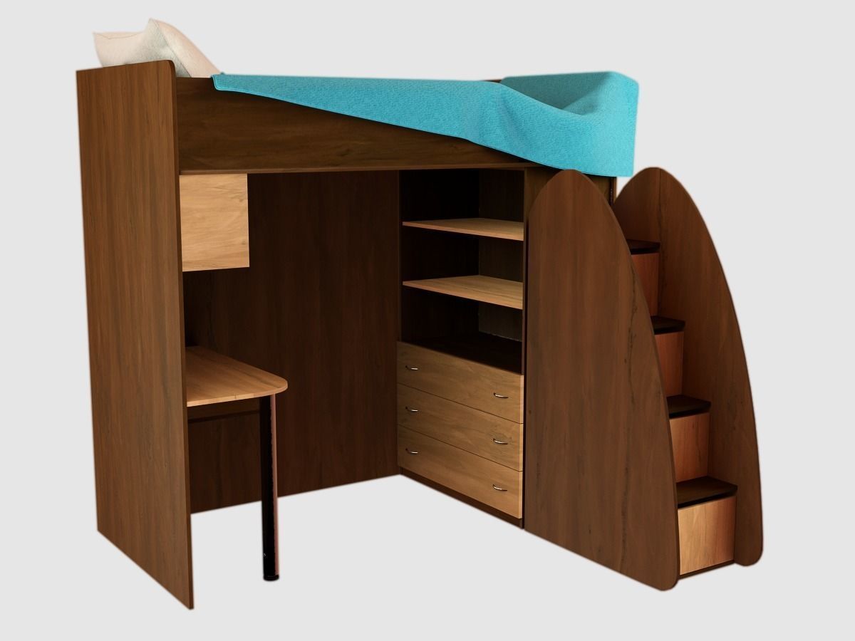 bed bunk with desk underneath it 3D model