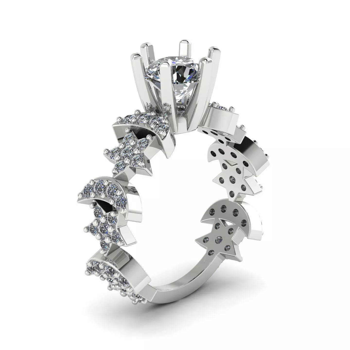 Stars Diamond Engagement Ring Segmented Band High Prong Setting 3D print model