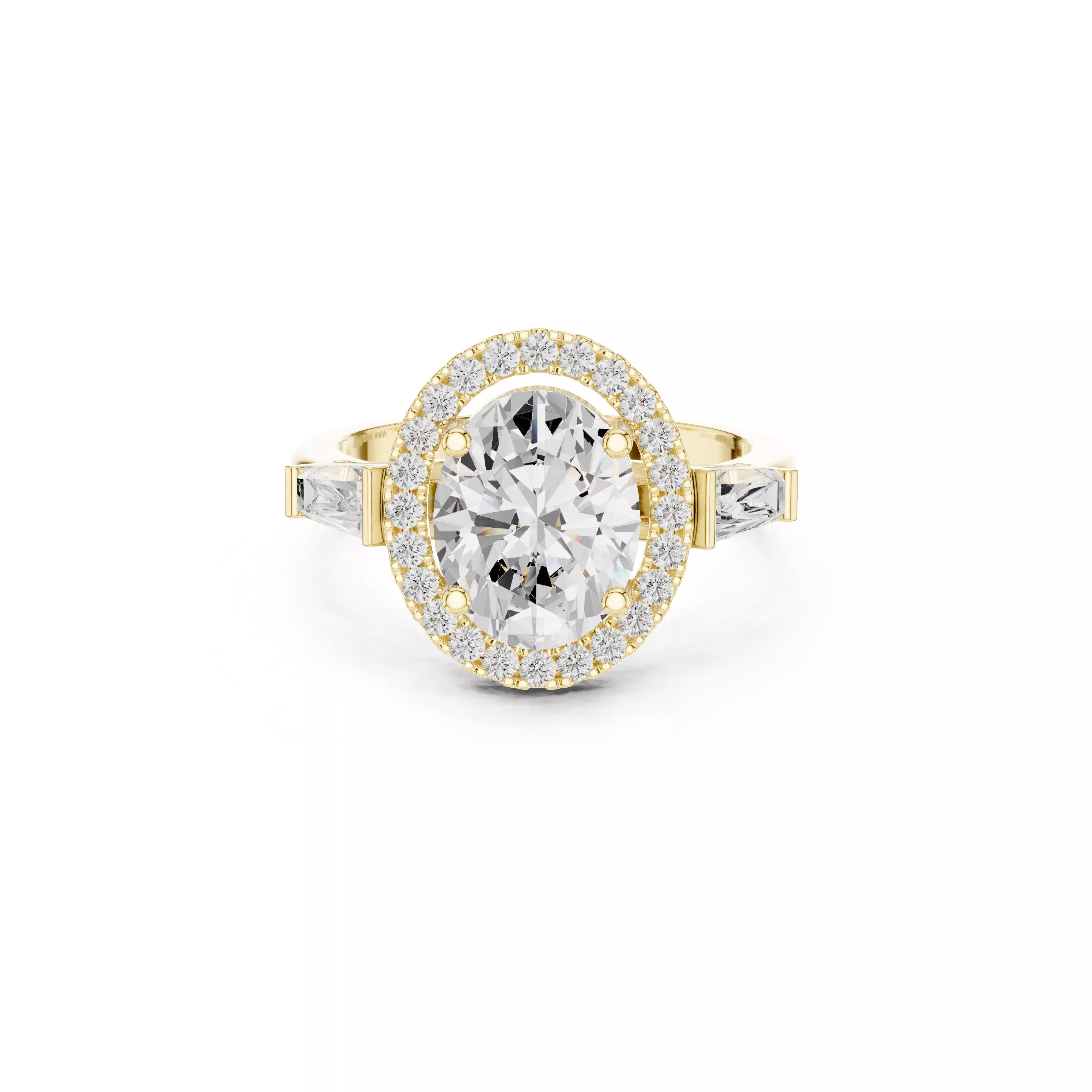 Oval Diamond Halo Engagement Ring with Tapered Side Stones CAD 3D print model
