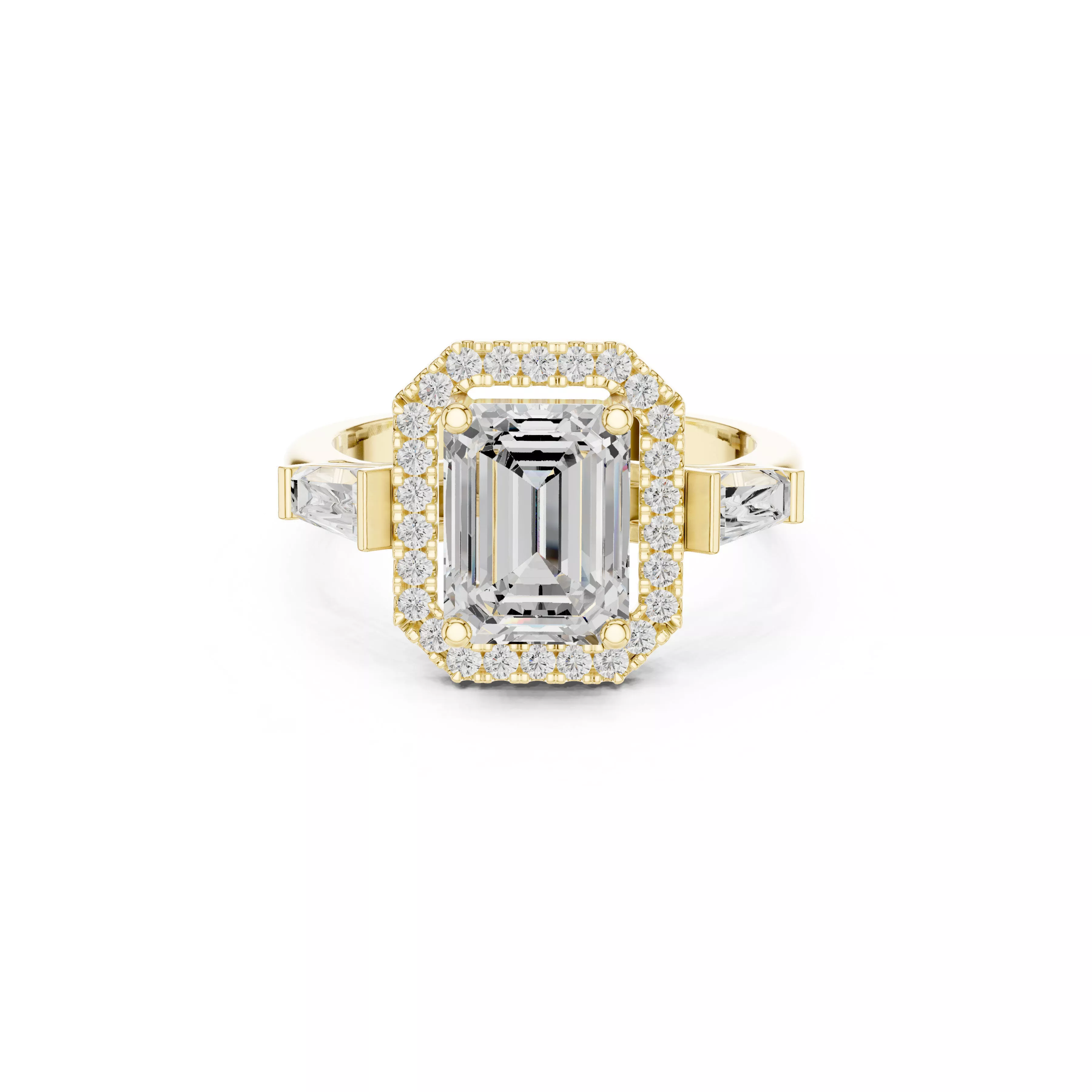 Emerald Cut Diamond Halo Three Stone Engagement Ring CAD STL 3DM 3D print model