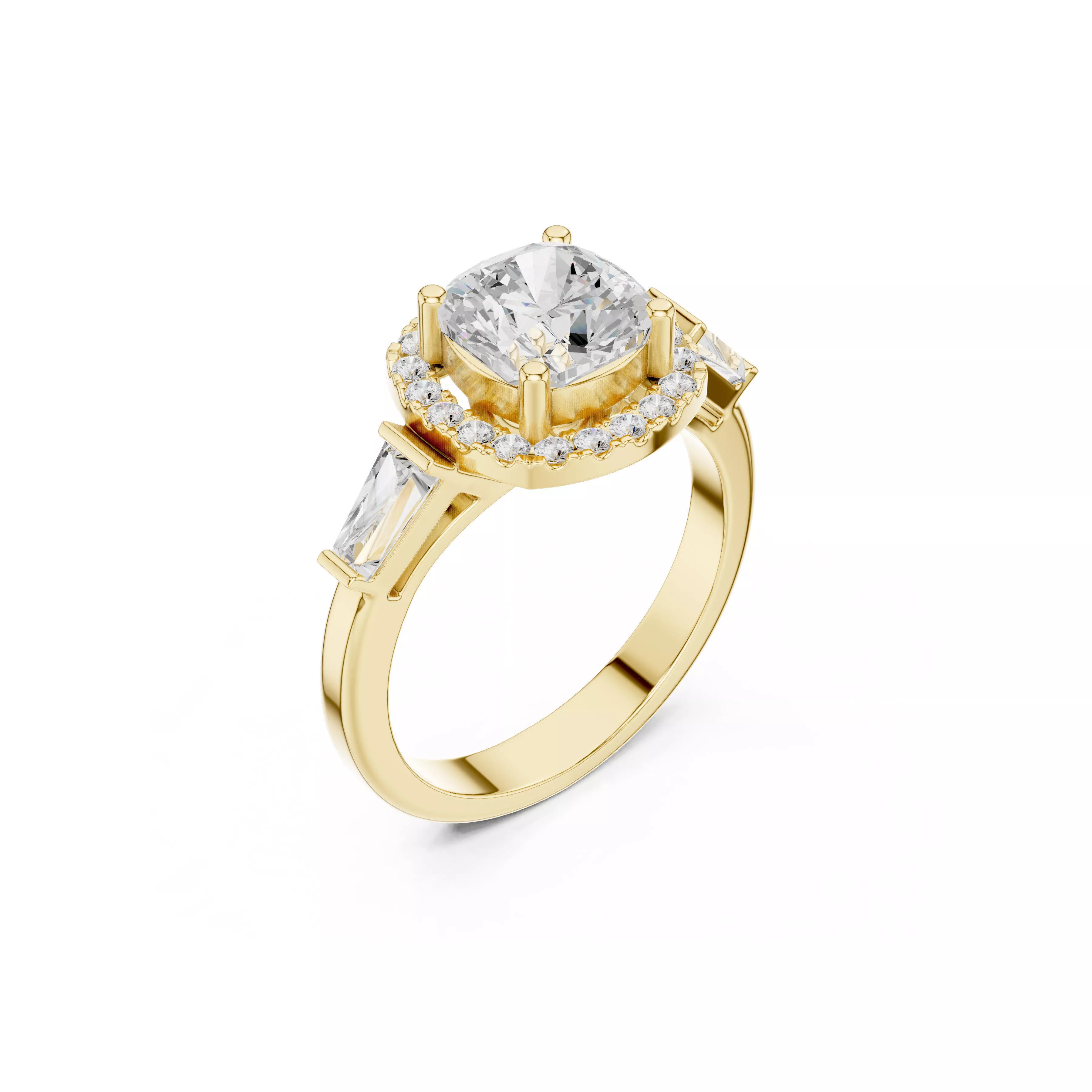 Cushion Cut Diamond Halo Ring with Side Stones Multi Diamonds 3D print model