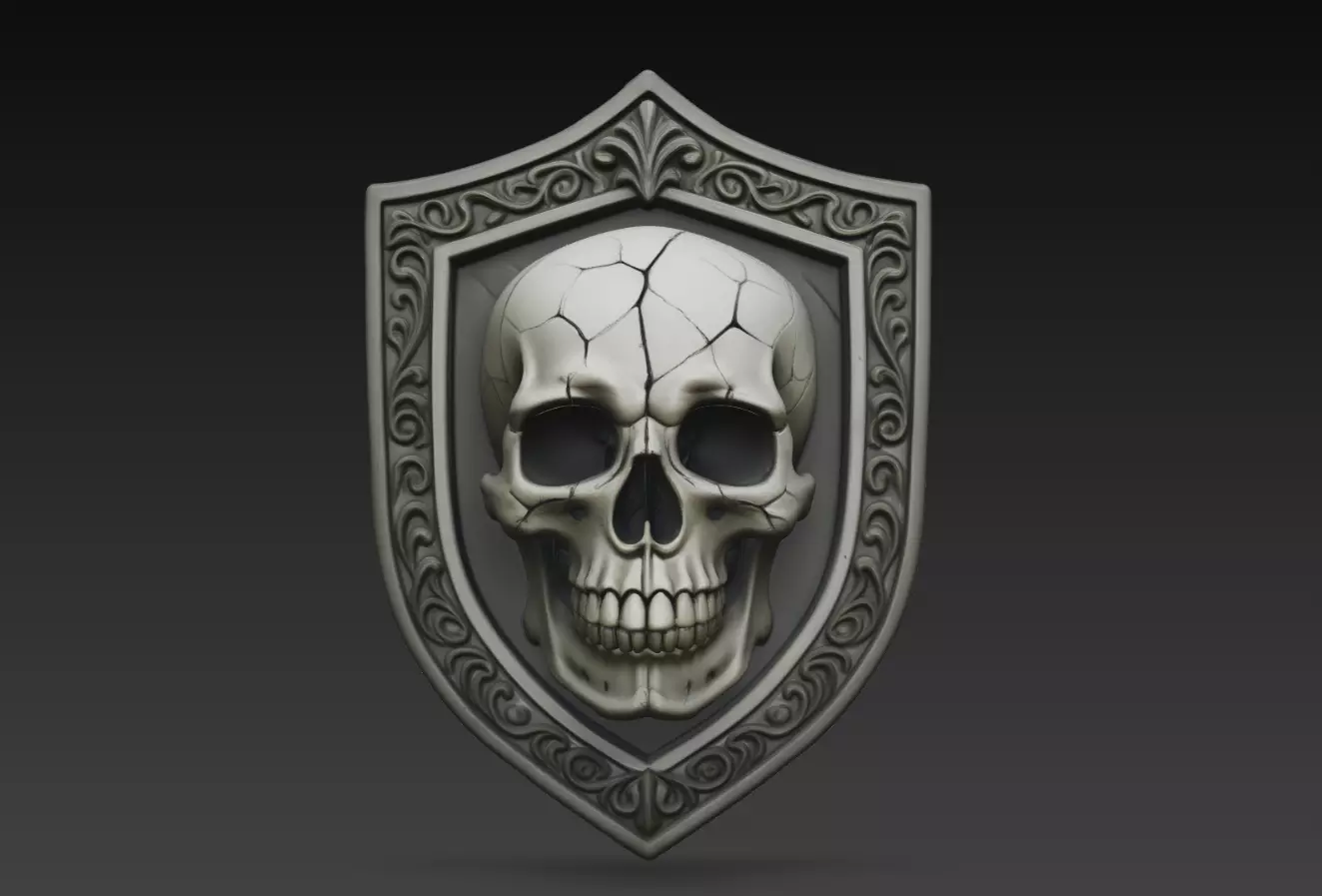 Cracked Skull Shield Relief Gothic Emblem Wall Decor STL 3D print model