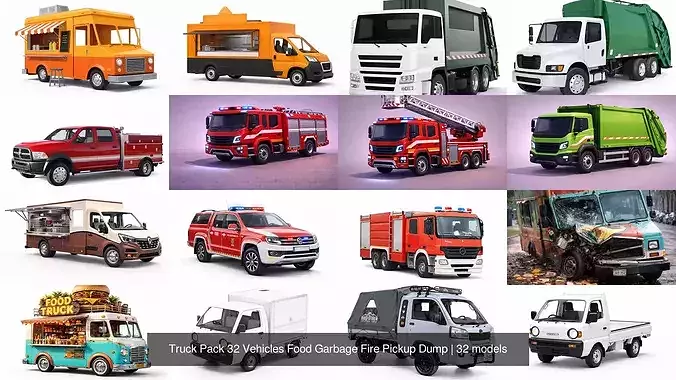 Truck Pack 32 Vehicles Food Garbage Fire Pickup Dump