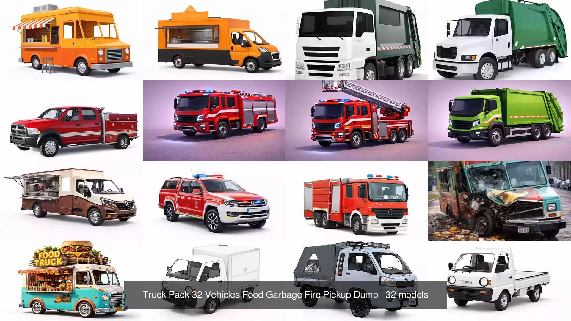 Truck Pack 32 Vehicles Food Garbage Fire Pickup Dump