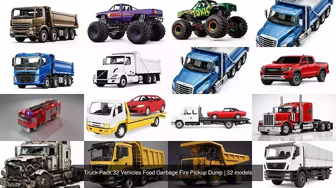Truck Pack 32 Vehicles Food Garbage Fire Pickup Dump 3