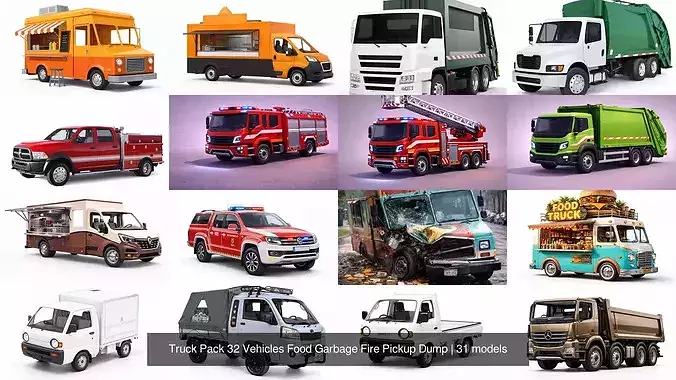 Truck Pack 32 Vehicles Food Garbage Fire Pickup Dump 2