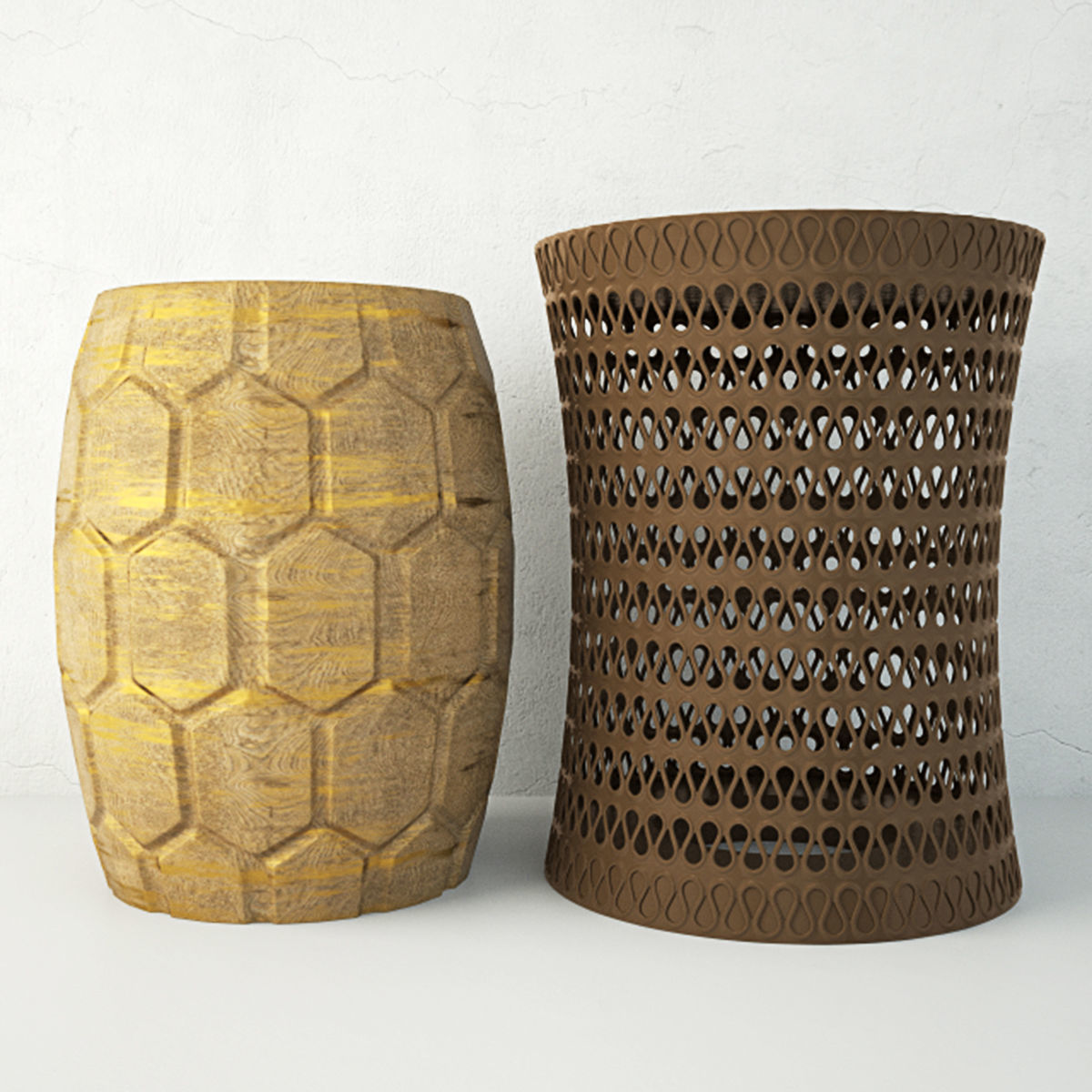 Wood and Ceramic Garden Stools 3D model_1