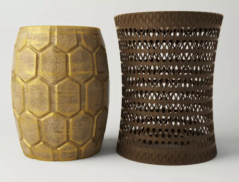 Wood and Ceramic Garden Stools 3D model_0