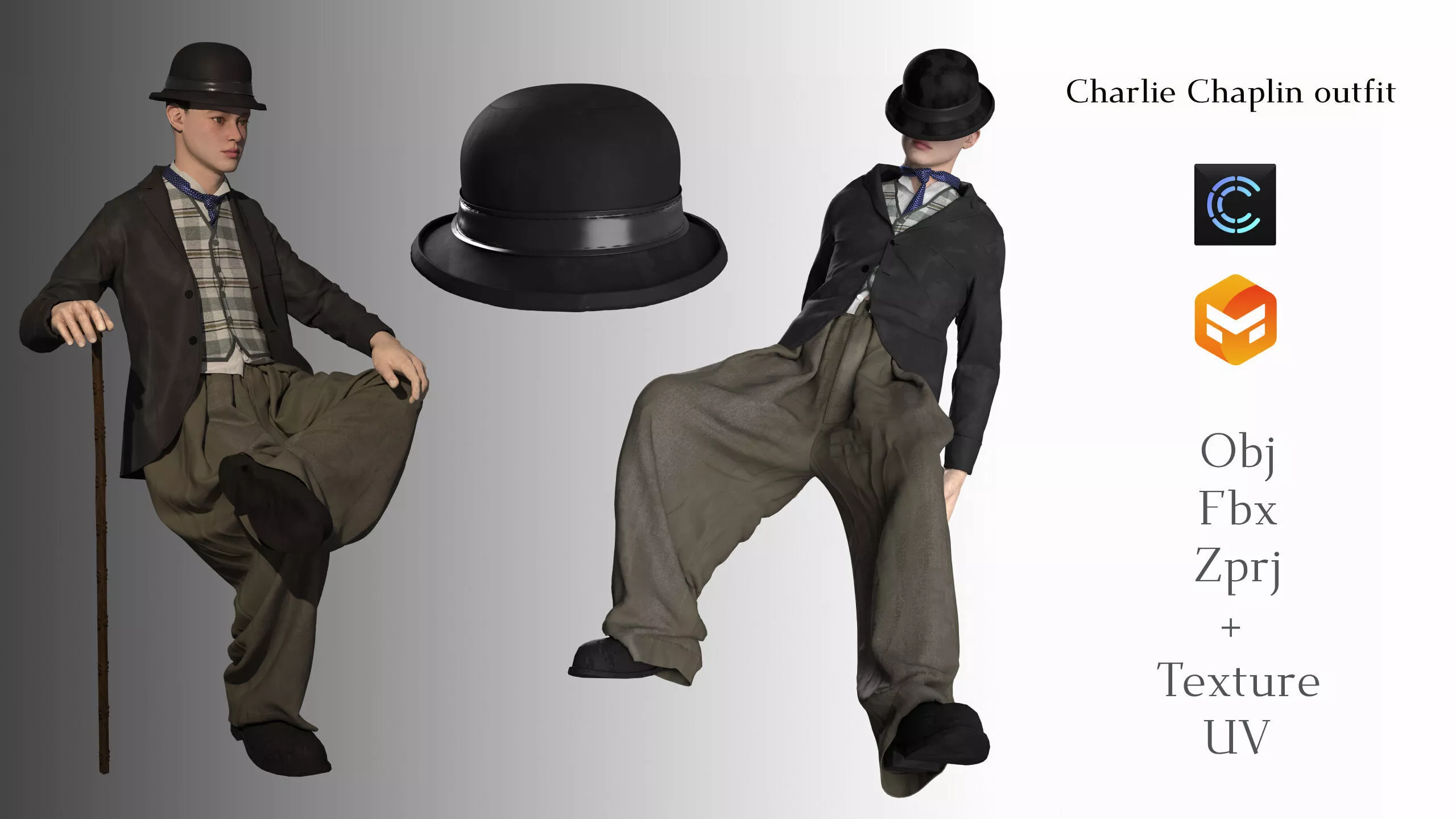 Charlie Chaplin outfit CLO FBX OBJ UV 3D model